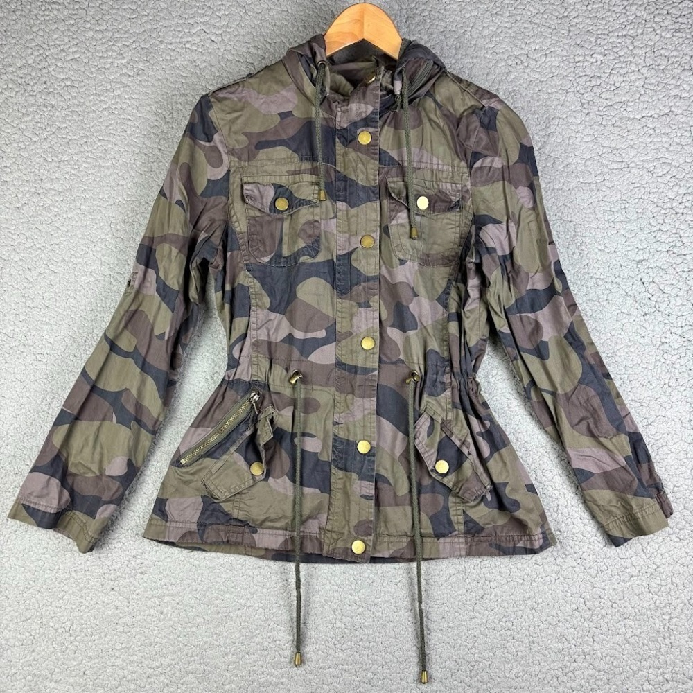 Womens Camouflage Camo Jacket Hooded‎ Size Small YMI Colllection Green Military